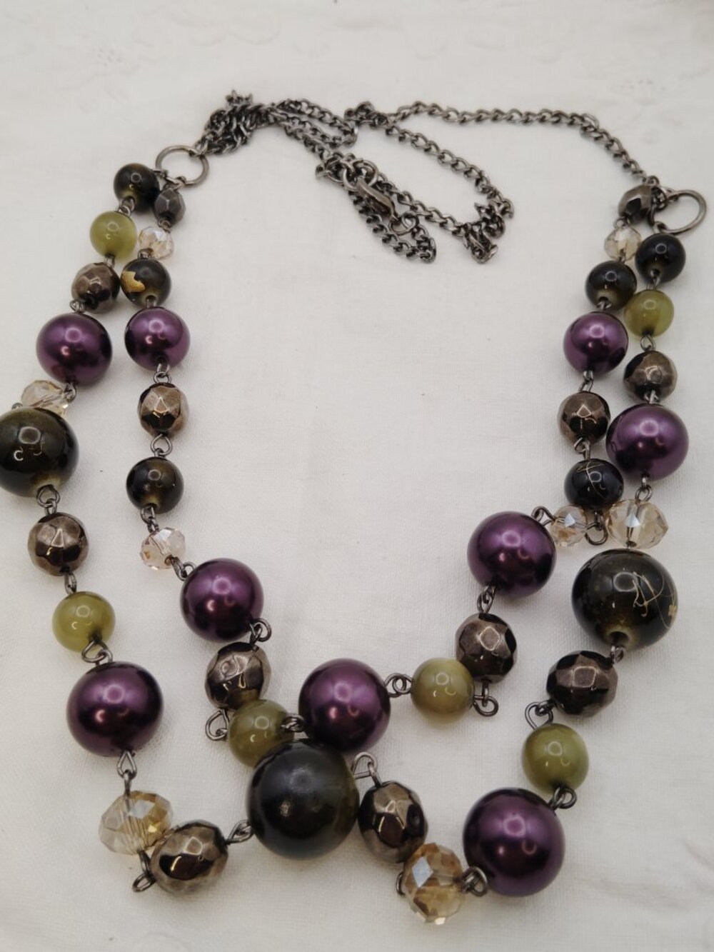Silver Tone Long Layered Necklace – 32"/34" Mixed Beads, Purple & Green